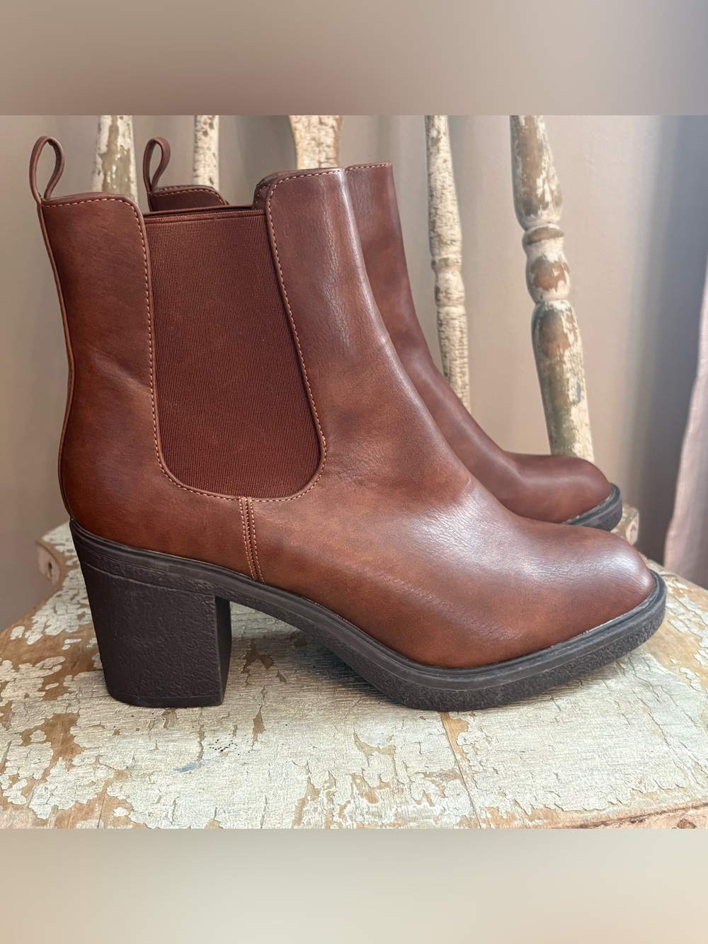 MaxMuxun Women’s Chelsea Ankle Boots Brown Faux Leather Block‎ Heel Size 9